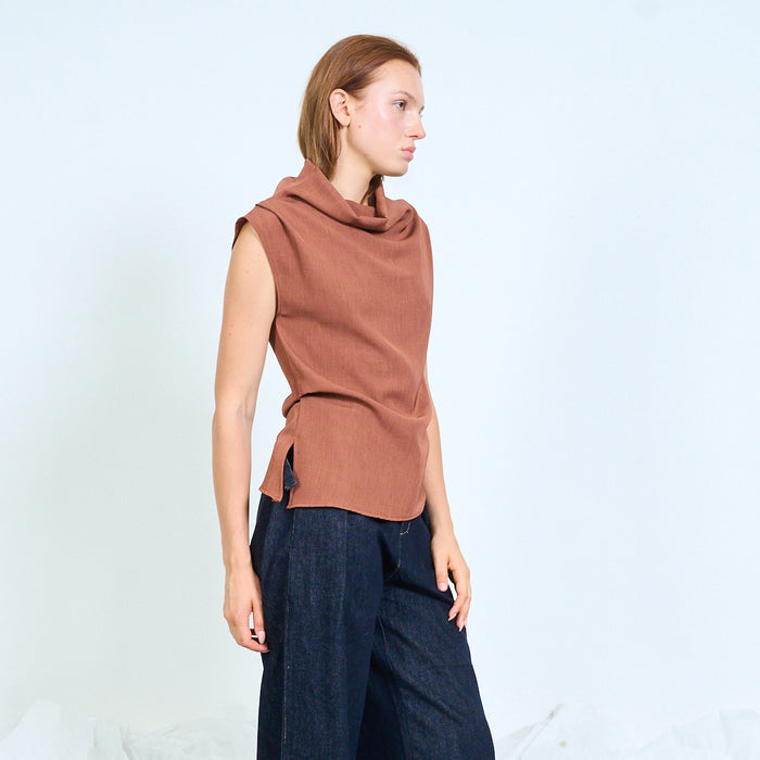 Sleeveless draped-neck top with structured shoulders wholesale