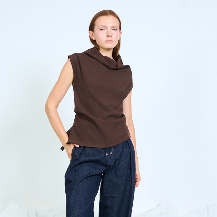 Sleeveless draped-neck top with structured shoulders wholesale