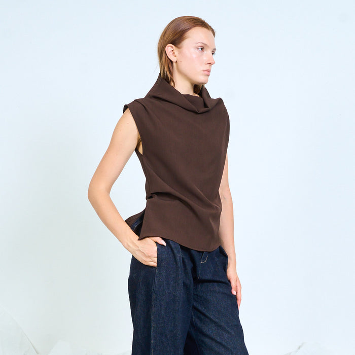 Sleeveless draped-neck top with structured shoulders wholesale