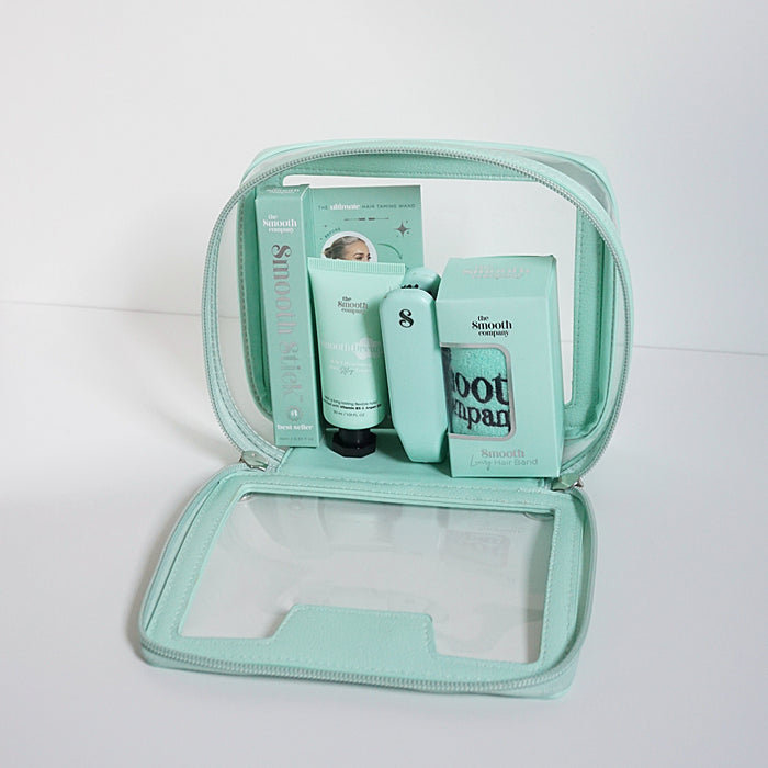 Beg open on its side displaying products.