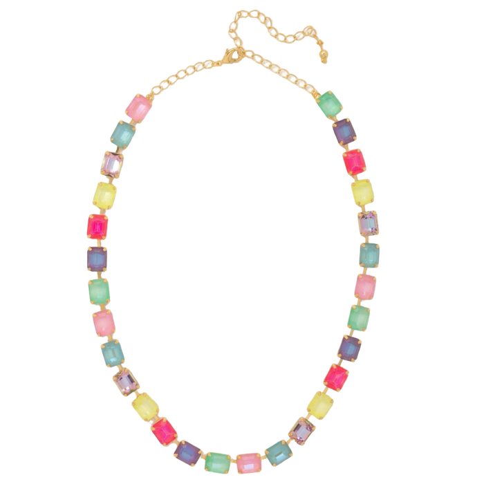 Sorrelli multicolor necklace with large emerald-cut crystals in pink, yellow, mint, and lavender