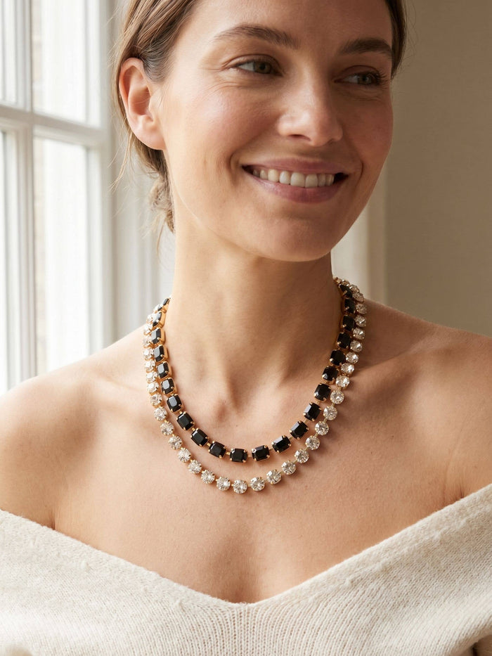 Sorrelli Marci Tennis Necklace in black with emerald-cut and round-cut crystal rows