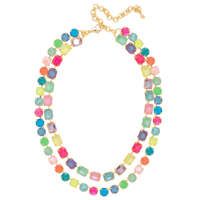 Sorrelli Marci Tennis Necklace in Candy Carnival with multicolored emerald-cut and round crystals in a bright gold-tone finish