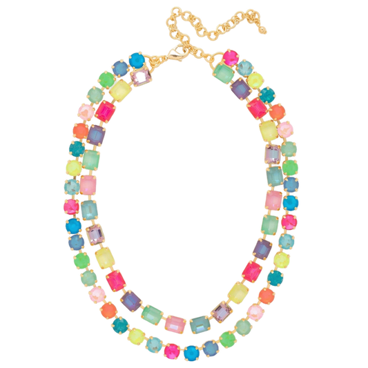 Sorrelli Marci Tennis Necklace in Candy Carnival with multicolored emerald-cut and round crystals in a bright gold-tone finish