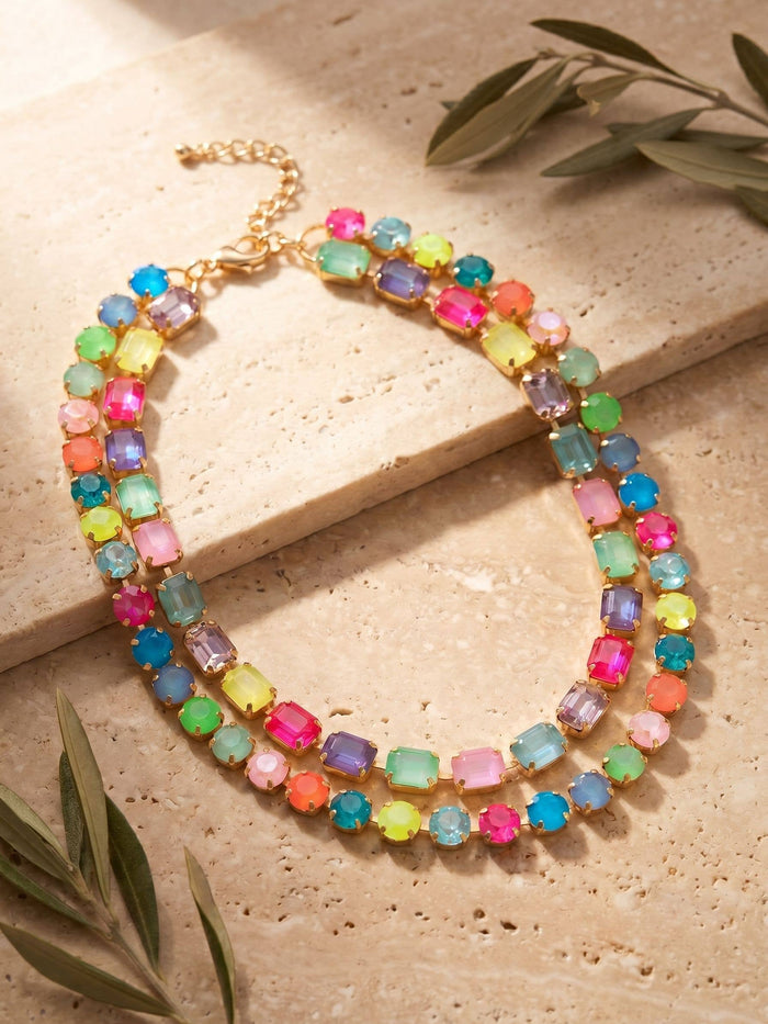 Sorrelli Marci Tennis Necklace in Candy Carnival with multicolored emerald-cut and round crystals in a bright gold-tone finish