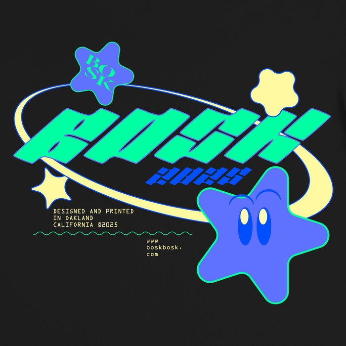 Vibrant graphic featuring “Boskbosk 2025” in bold lettering, surrounded by yellow stars, swirling blue orbits, and a playful blue cartoon star with expressive eyes. Printed on the Star Power Tee by Other—a heavyweight t-shirt crafted from 100% cotton for lasting comfort and durability. The bottom text states: “DESIGNED AND PRINTED IN OAKLAND CALIFORNIA 2025.”.