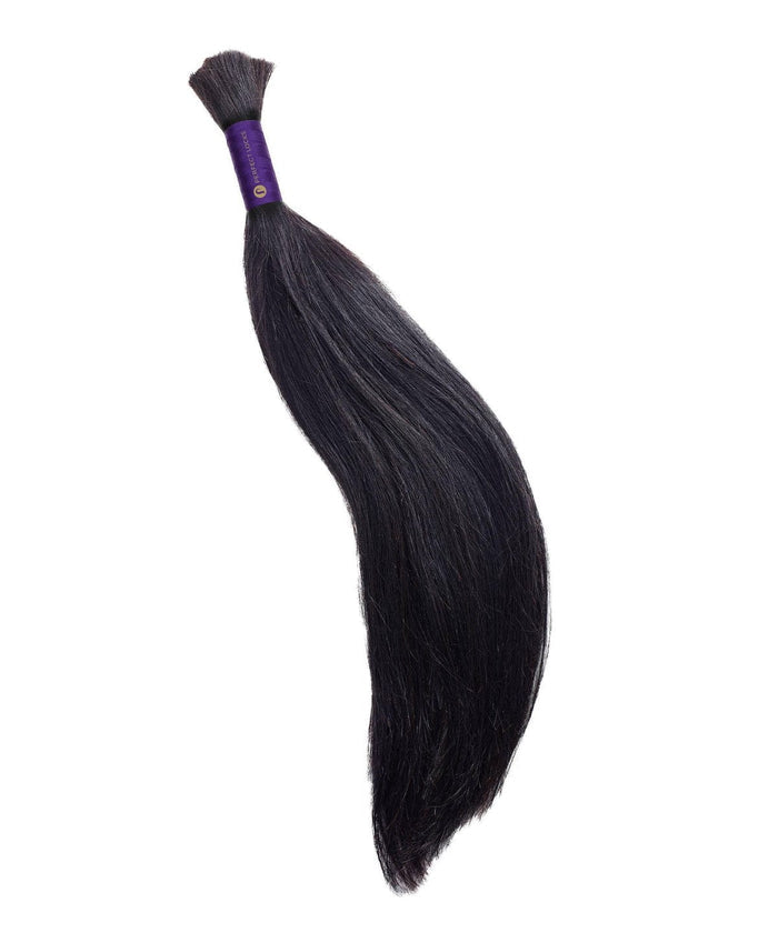 Perfect Locks Straight Bulk Hair for Braiding in Natural Black —long straight extensions with a purple band on white background.