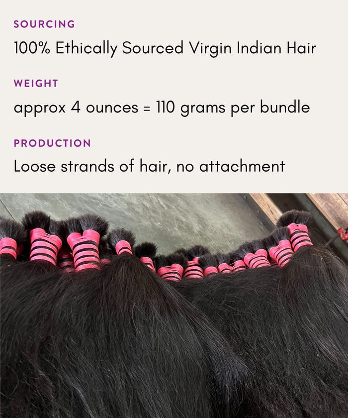 Perfect Locks Straight Bulk Hair for Braiding in Natural Black , 100% virgin Indian hair, loose 110g bundles, no attachments.