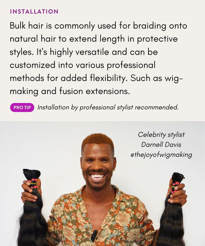 A smiling man with short hair and a beard holds two bundles of Perfect Locks Straight Bulk Hair in Natural Black , showcasing their versatile styling options for braids and extensions.