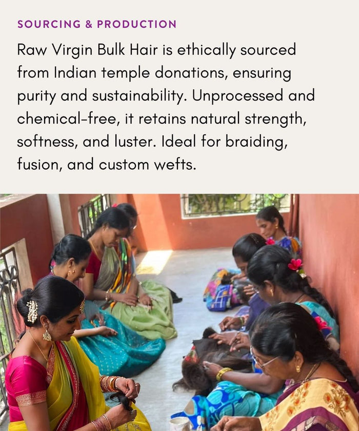 A group of women in colorful saris sit indoors, sorting raw hair bundles for Perfect Locks’ Straight Bulk Hair for Braiding.