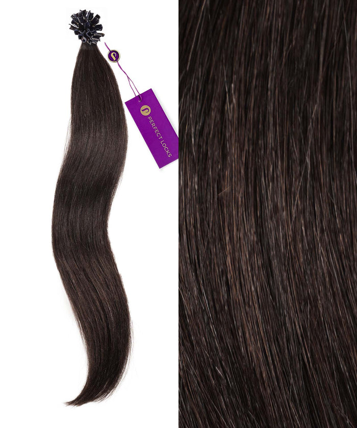 A bundle of dark brown, straight hair extensions with a purple tag on the left; right side shows smooth texture and natural shine.