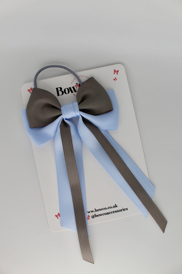 Streamer Tail School Hair Bow – Elastic - Bluebell and Metal Grey