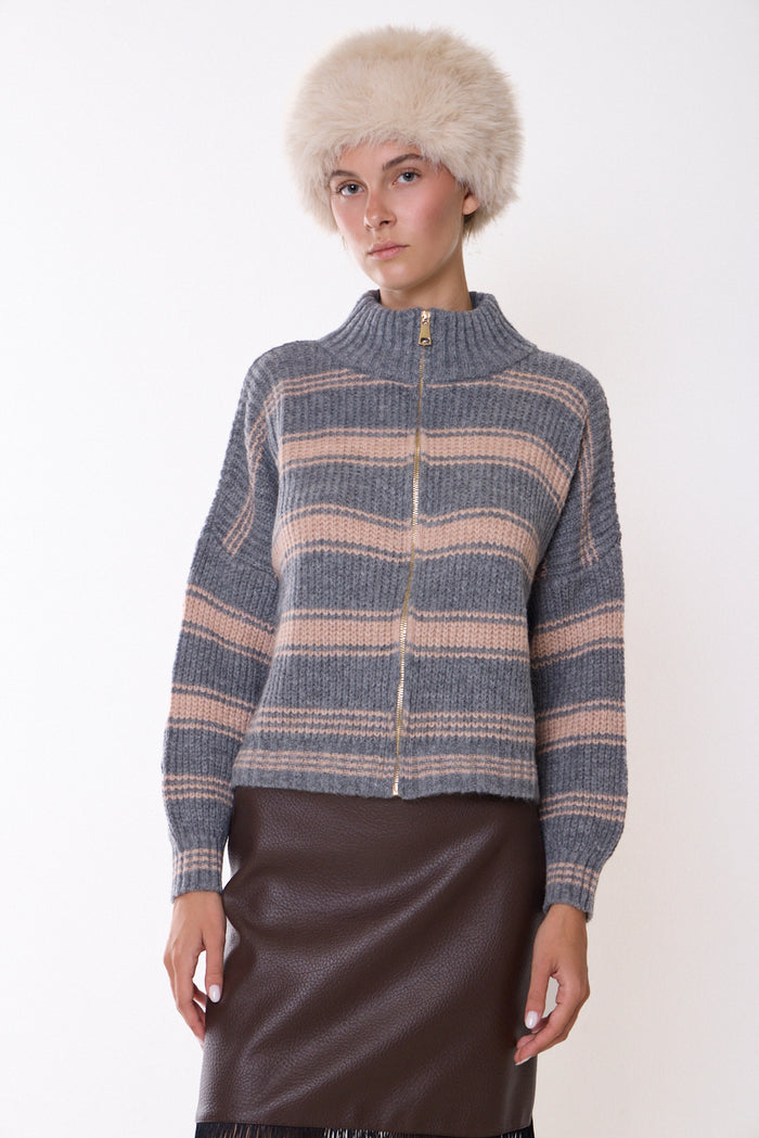 Striped half-zip stand-collar knit sweater wholesale