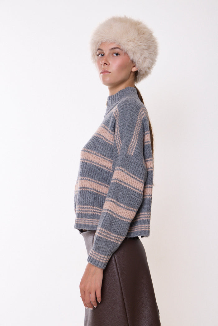 Striped half-zip stand-collar knit sweater wholesale