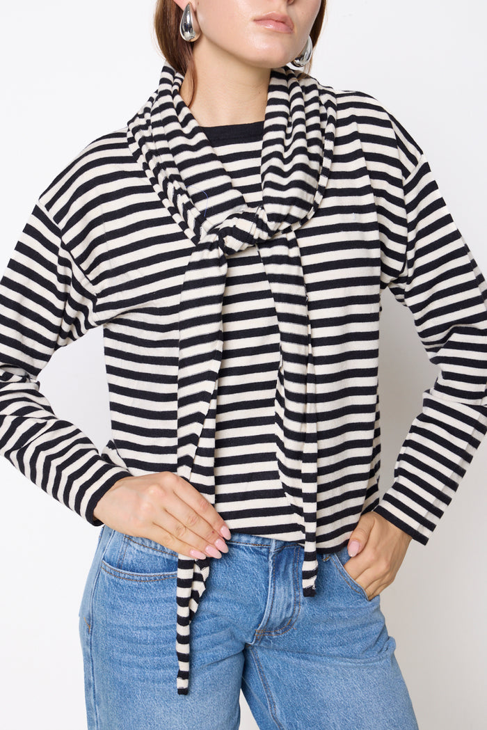 Striped knit top with attached scarf detail wholesale