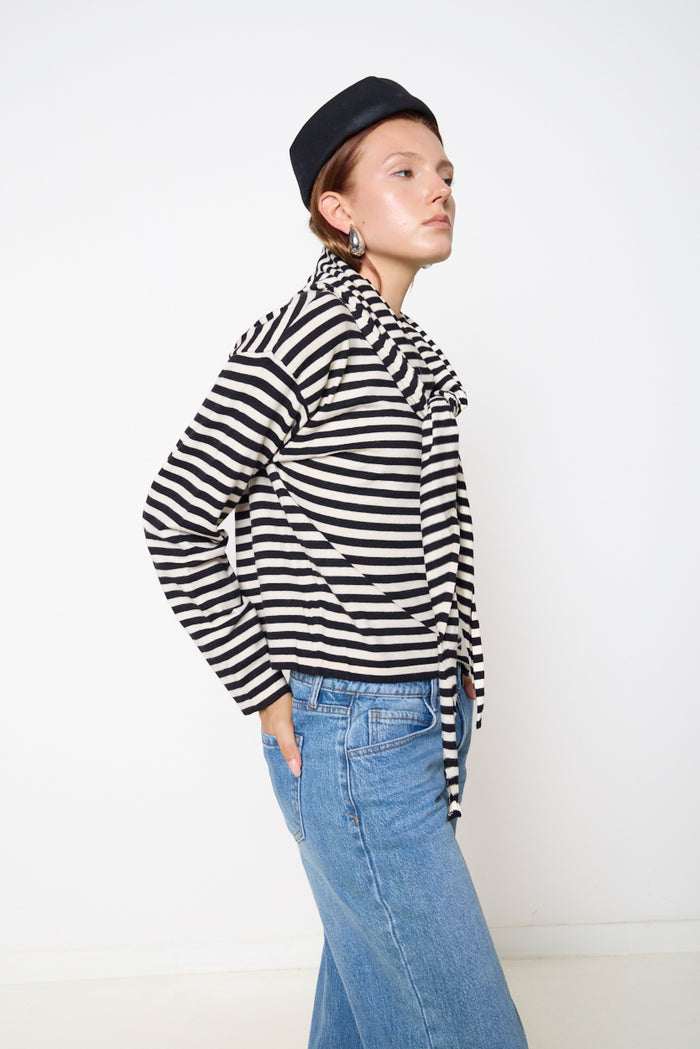 Striped knit top with attached scarf detail wholesale