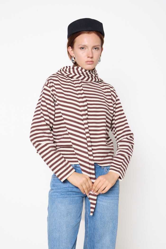 Striped knit top with attached scarf detail wholesale