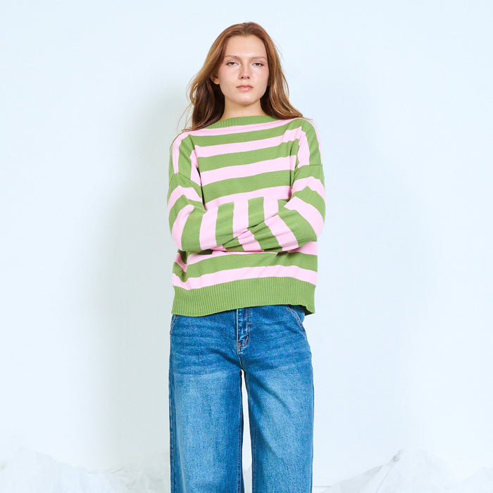 Striped ribbed knit sweater with long sleeves wholesale