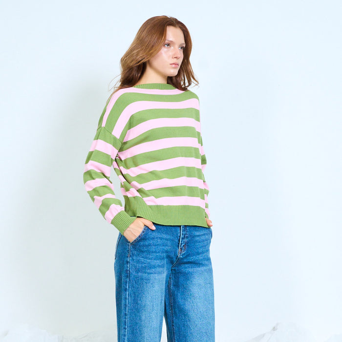 Striped ribbed knit sweater with long sleeves wholesale