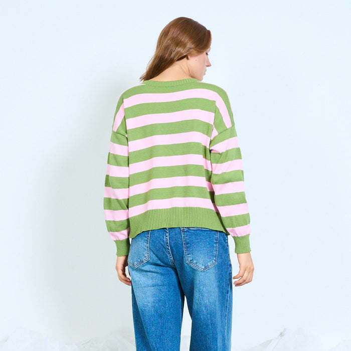 Striped ribbed knit sweater with long sleeves wholesale