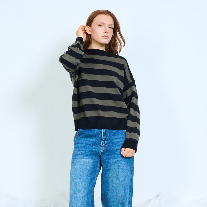 Striped ribbed knit sweater with long sleeves wholesale