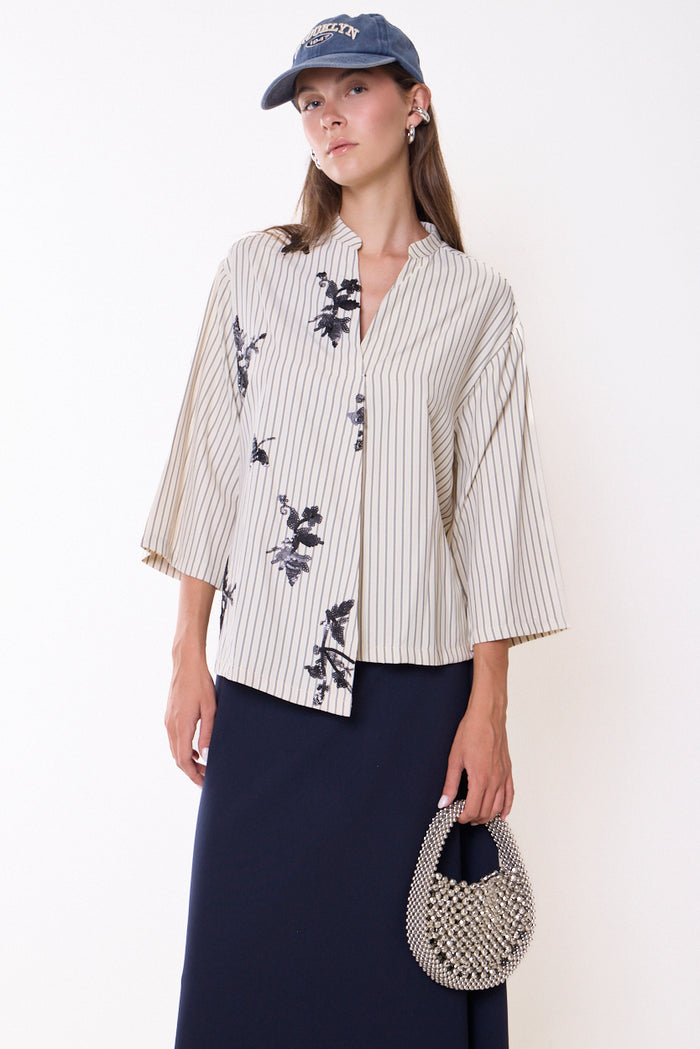 Striped shirt with lace appliqué details wholesale