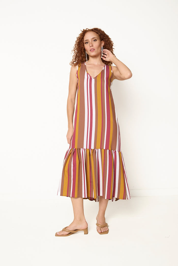 Striped tiered midi dress wholesale