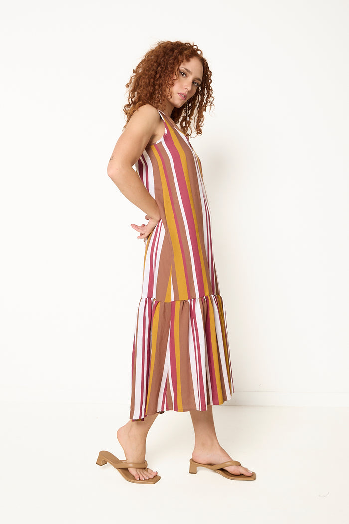 Striped tiered midi dress wholesale
