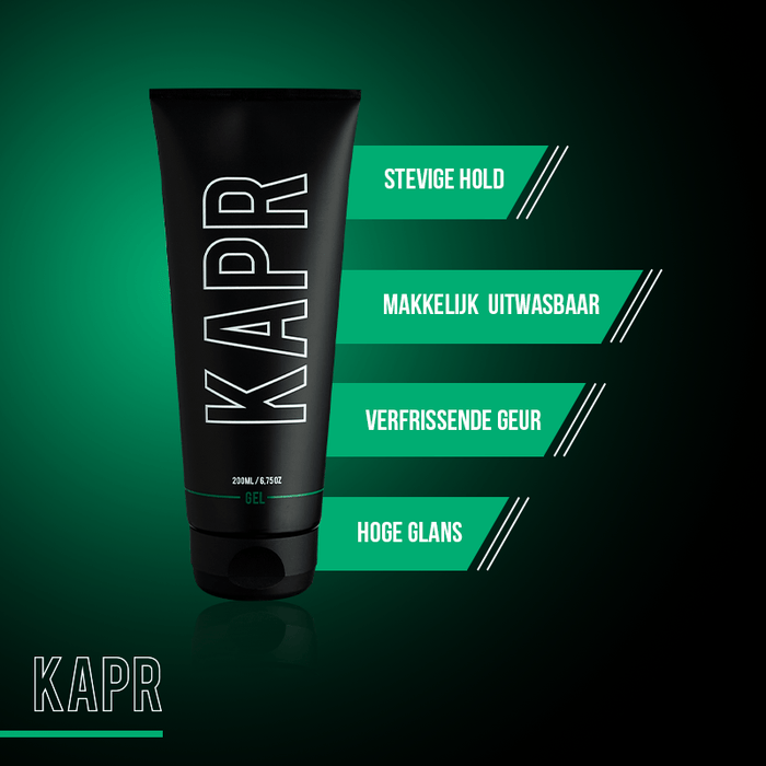 KAPR Gel – zwarte tube met tekst: sterke hold, makkelijk uitwasbaar, frisse geur, hoge glans.