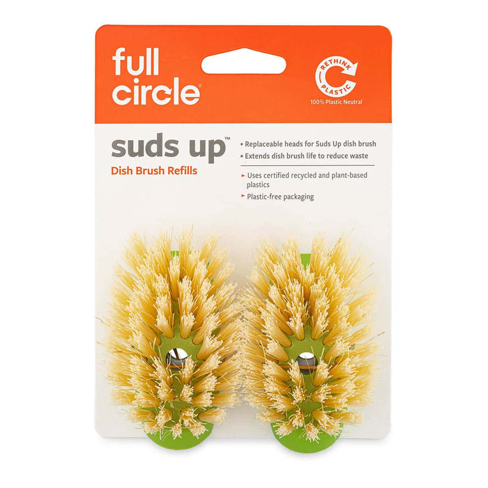 Packaging of Full Circle suds up dish brush refills with two brush heads on a white background.