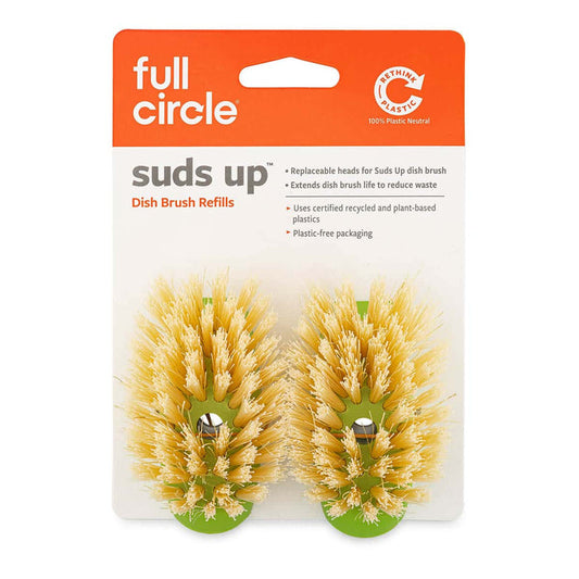 Packaging of Full Circle suds up dish brush refills with two brush heads on a white background.