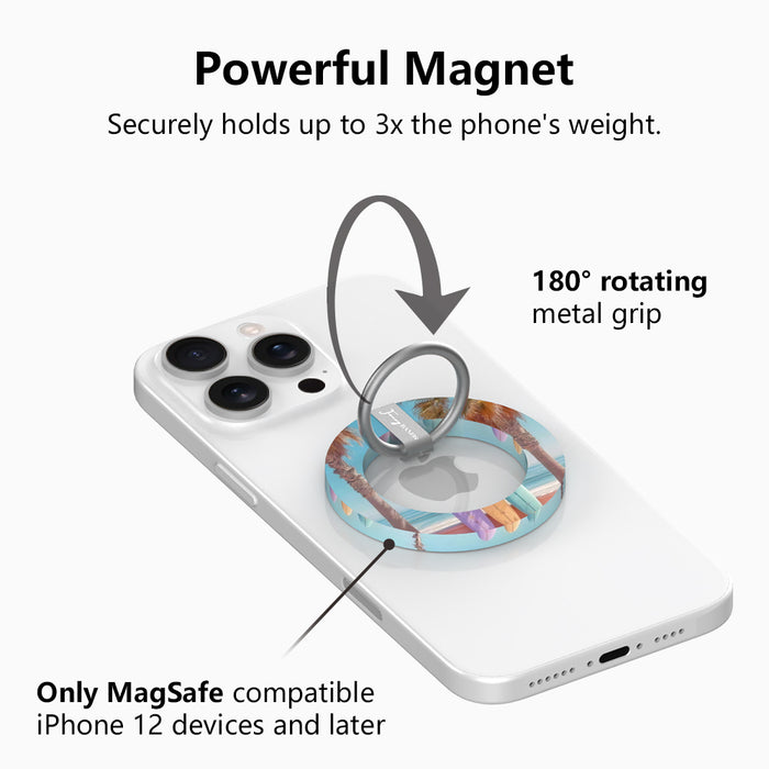 Sweet Summer MagSafe phone grip ring featuring surfboards leaning against palm trees on a tropical beach with ocean waves and a blue sky
