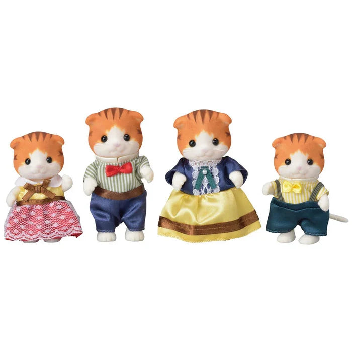 Sylvanian Families Maple Cat Family, figures and accessories laid out showing full set contents