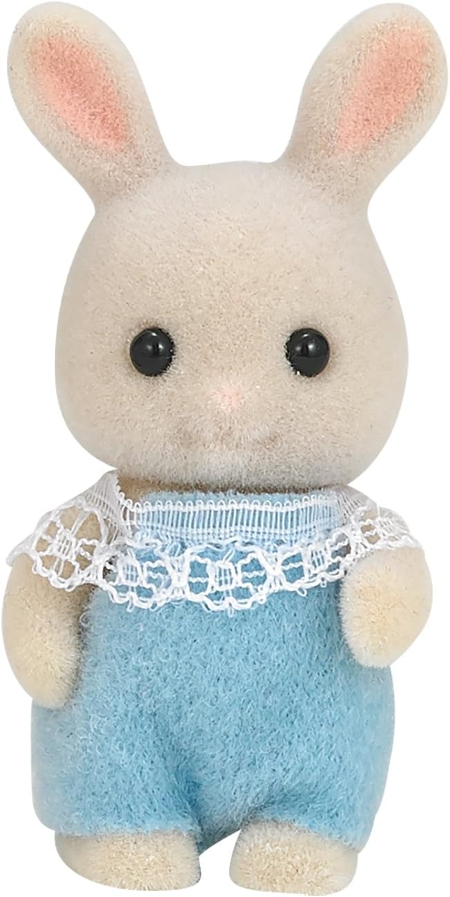 Sylvanian Families Milk Rabbit Baby, close-up detail showing flocked texture and included accessory