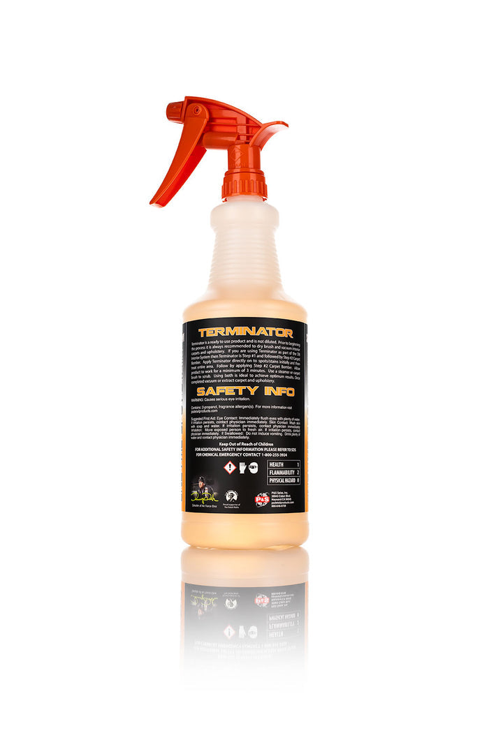 The back of a spray bottle of P and S Terminator on a white background.