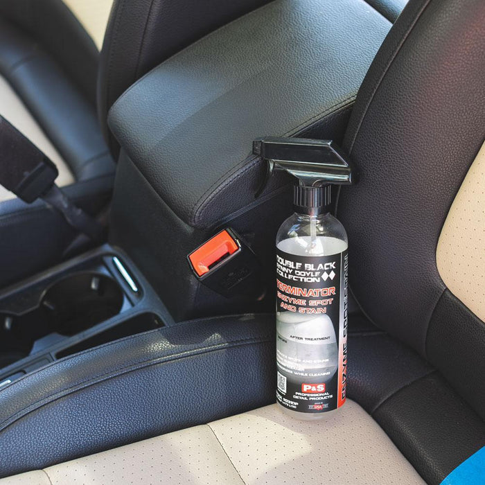 P&S Terminator Enzyme Spot and Stain Remover sitting on a vehicle chair.