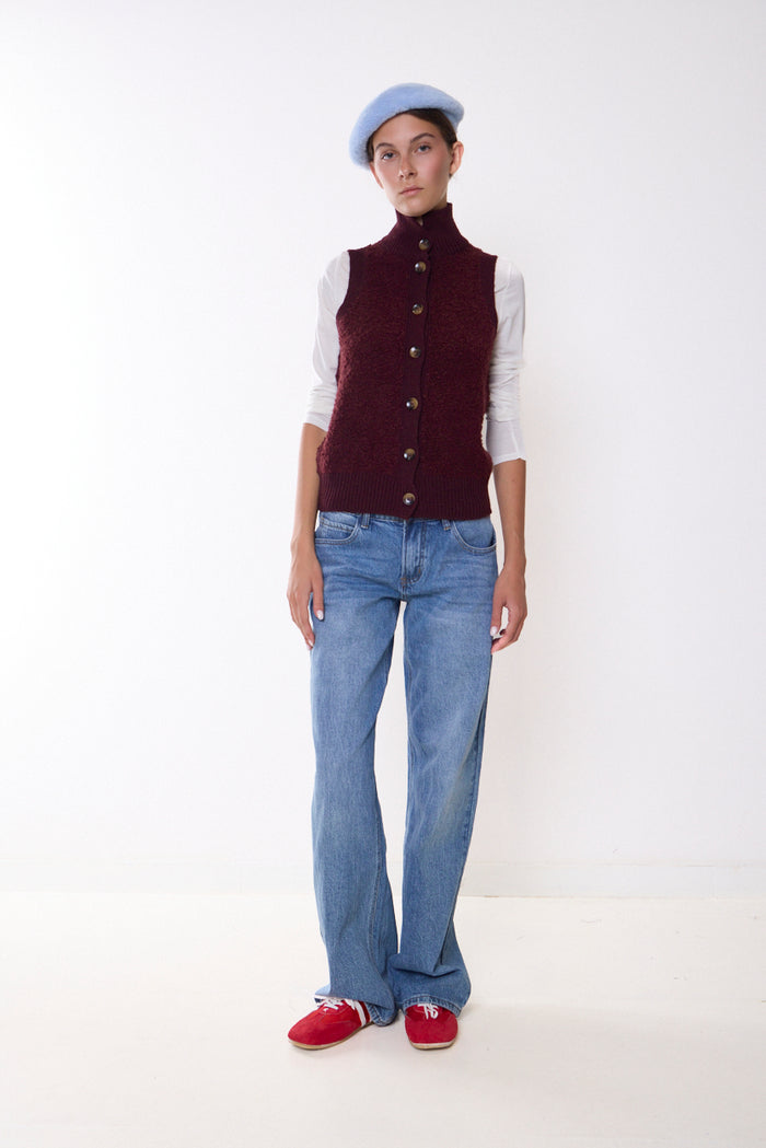 Textured high-neck button-front knitted vest wholesale