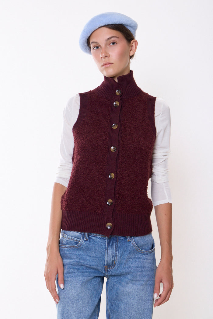 Textured high-neck button-front knitted vest wholesale