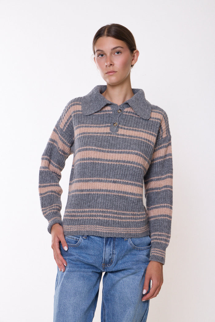 Textured striped polo-collar knit sweater wholesale