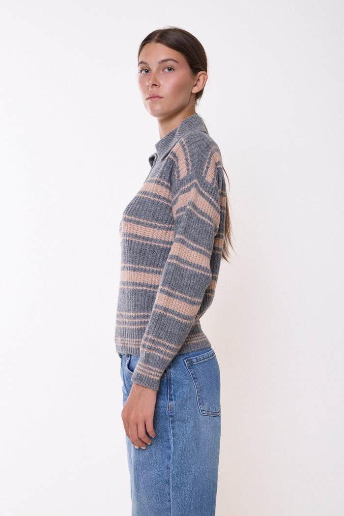 Textured striped polo-collar knit sweater wholesale