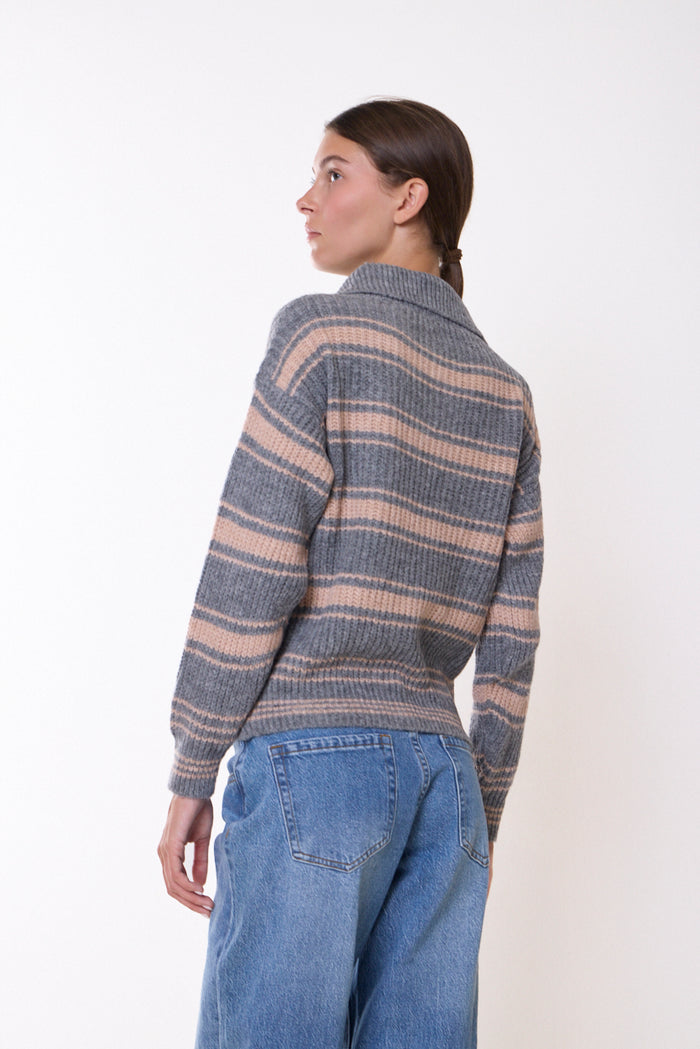 Textured striped polo-collar knit sweater wholesale