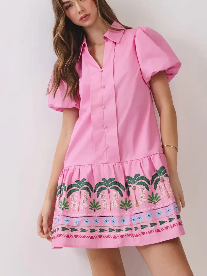 The Bea Tropical Puff Sleeve Dress-Pink