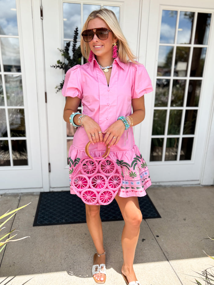 The Bea Tropical Puff Sleeve Dress-Pink