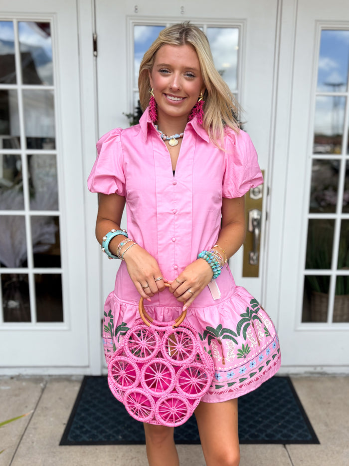 The Bea Tropical Puff Sleeve Dress-Pink