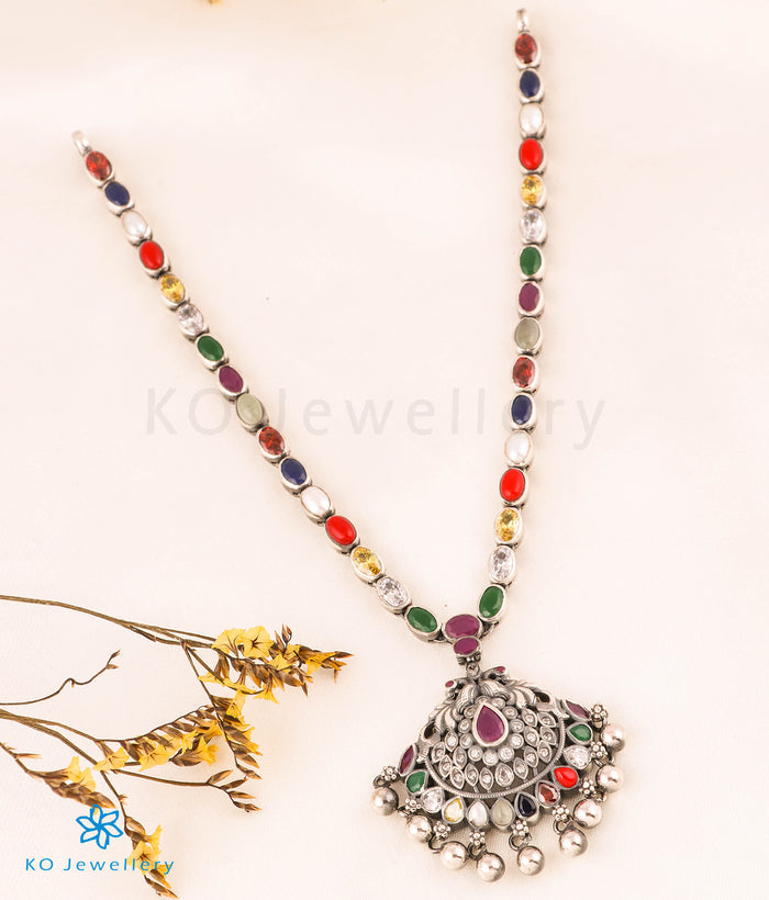 The Nishta Silver Navratna Peacock Necklace (Oxidised)