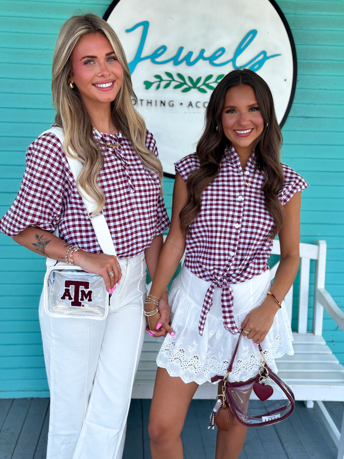 The Tatum Gingham Bubble Top-Burgundy