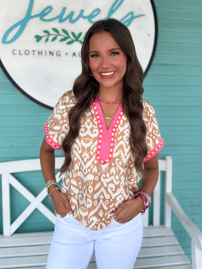 (THML)The Missy Printed Top-Beige