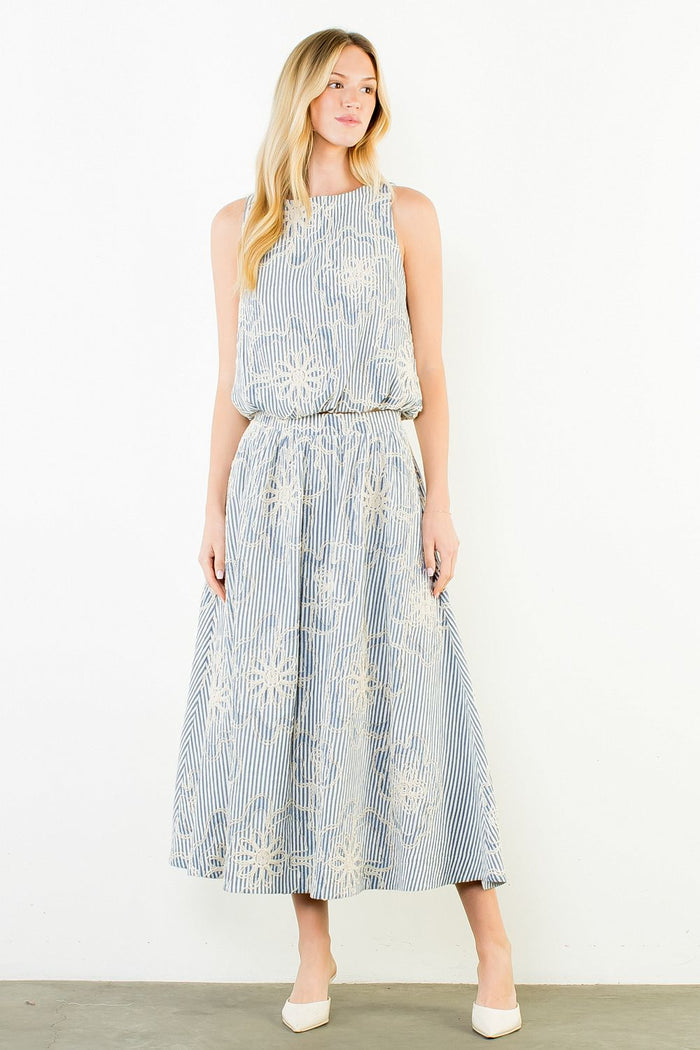 (THML)The Orio Embroidered Striped Skirt-Blue