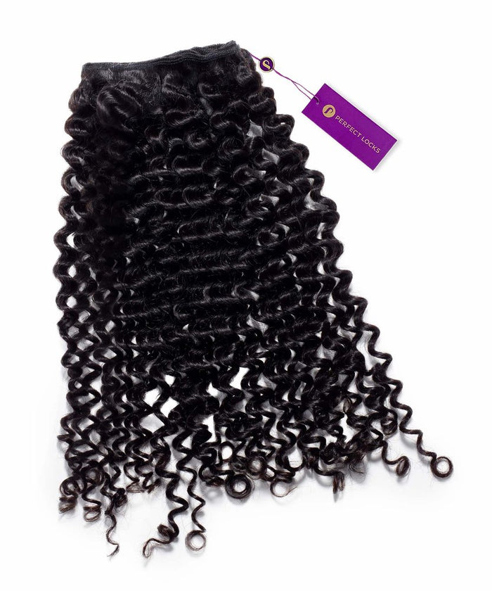 A bundle of Perfect Locks Tight Curly Steam Permed Machine Weft hair extensions in Natural Black  with a purple tag, on white.