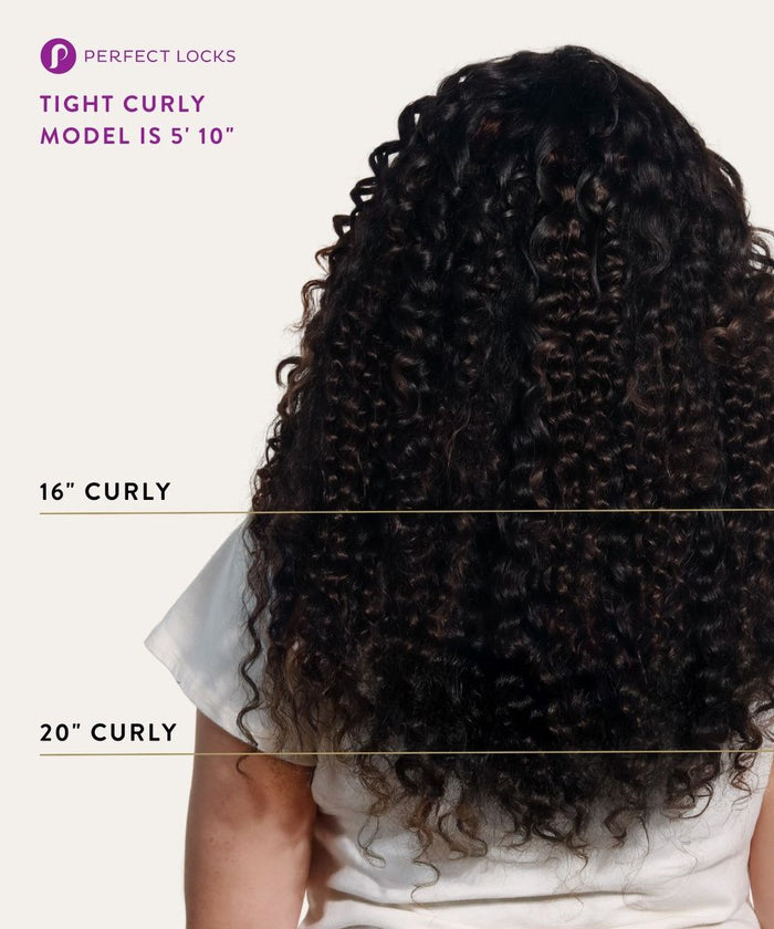 A person with long, tight curly hair is shown from the back, wearing 16" and 20" wefts; model is 5'10" with Remy extensions.